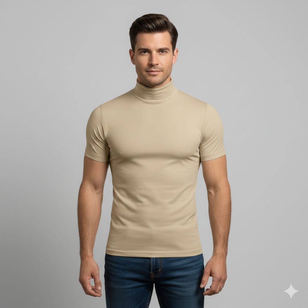 Men's Roll-Neck Top with Slim Fit and Short Sleeves