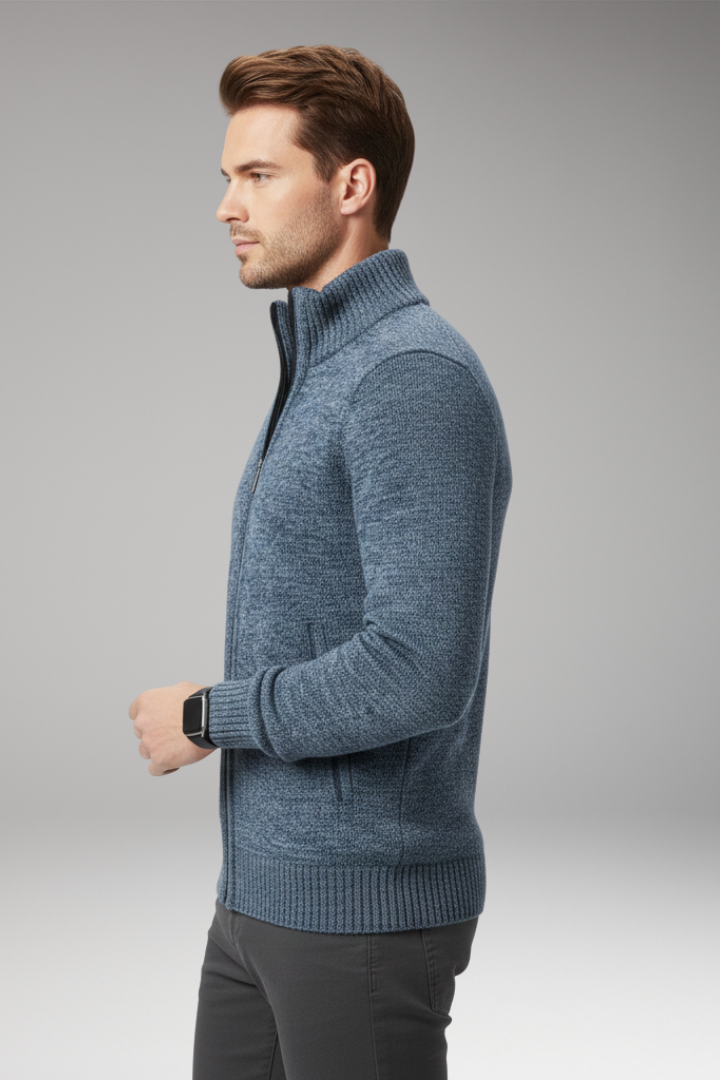 Men's Jumper with Stand-Up Collar and Zip Closure