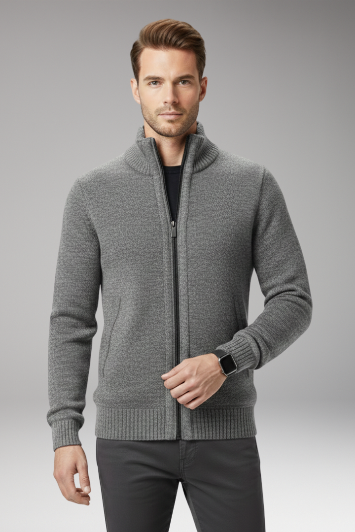 Men's Jumper with Stand-Up Collar and Zip Closure