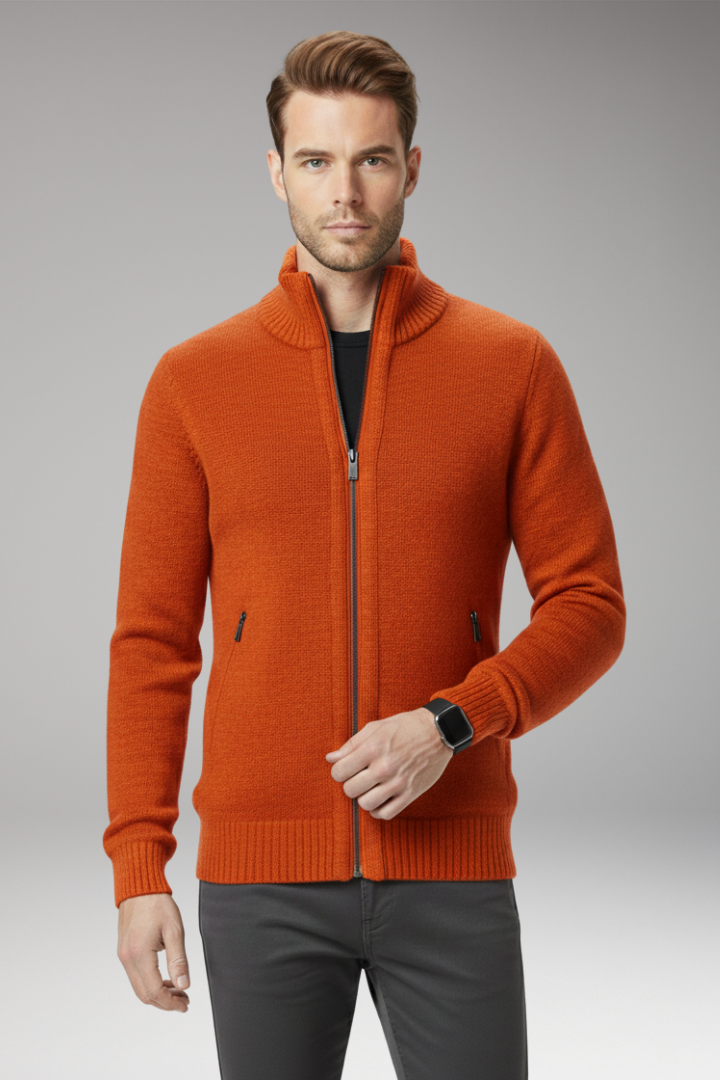 Men's Jumper with Stand-Up Collar and Zip Closure