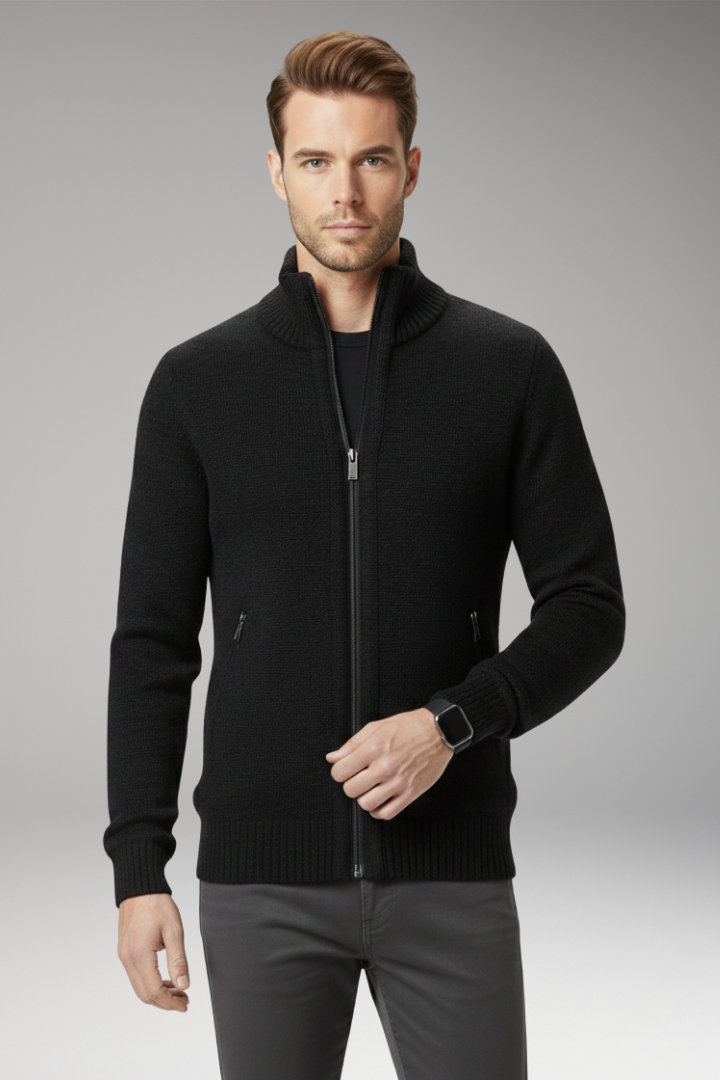 Men's Jumper with Stand-Up Collar and Zip Closure