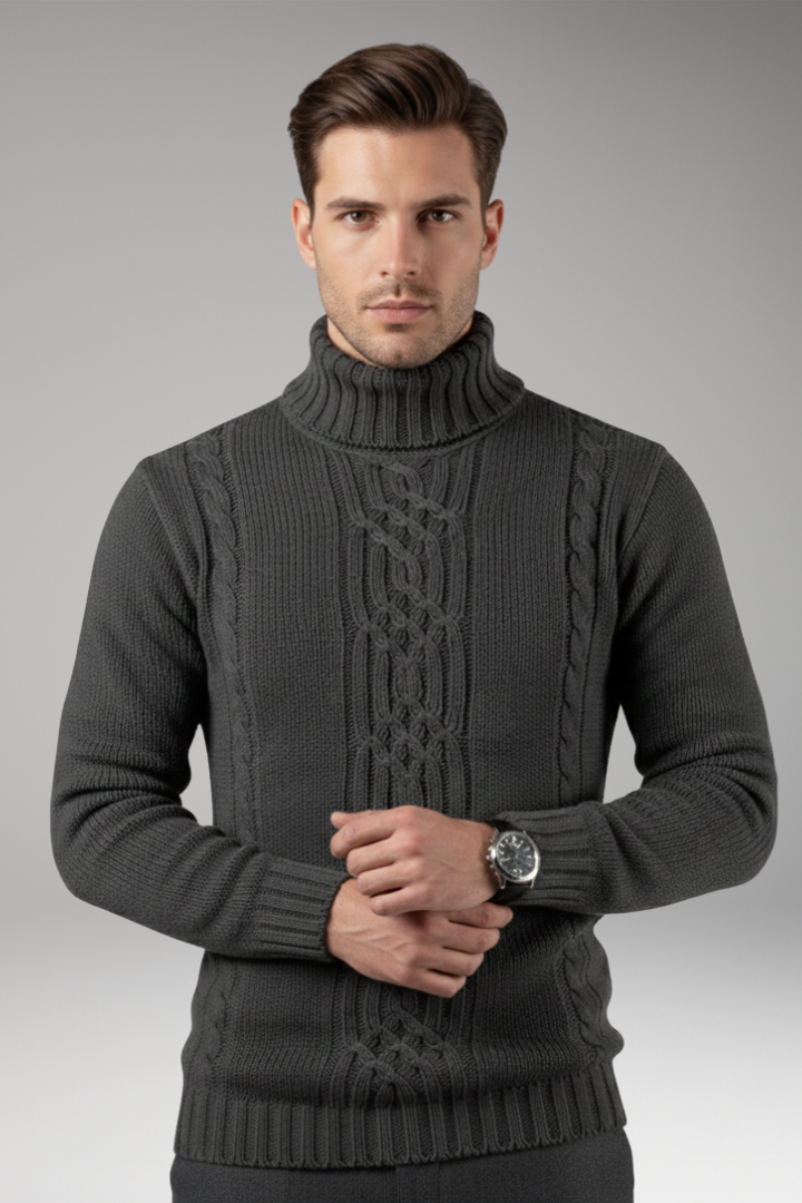 Men’s Turtleneck Jumper with Cable Pattern and Ribbed Edges