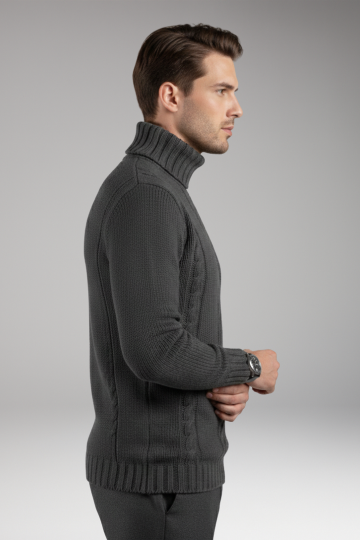 Men’s Turtleneck Jumper with Cable Pattern and Ribbed Edges