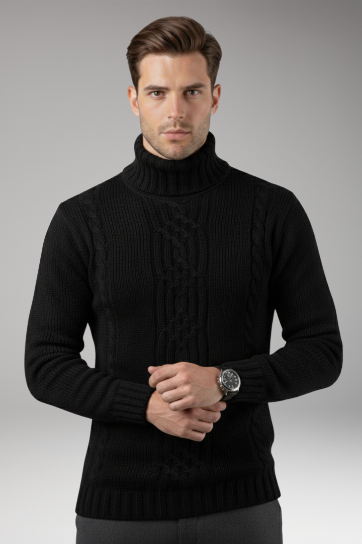 Men’s Turtleneck Jumper with Cable Pattern and Ribbed Edges