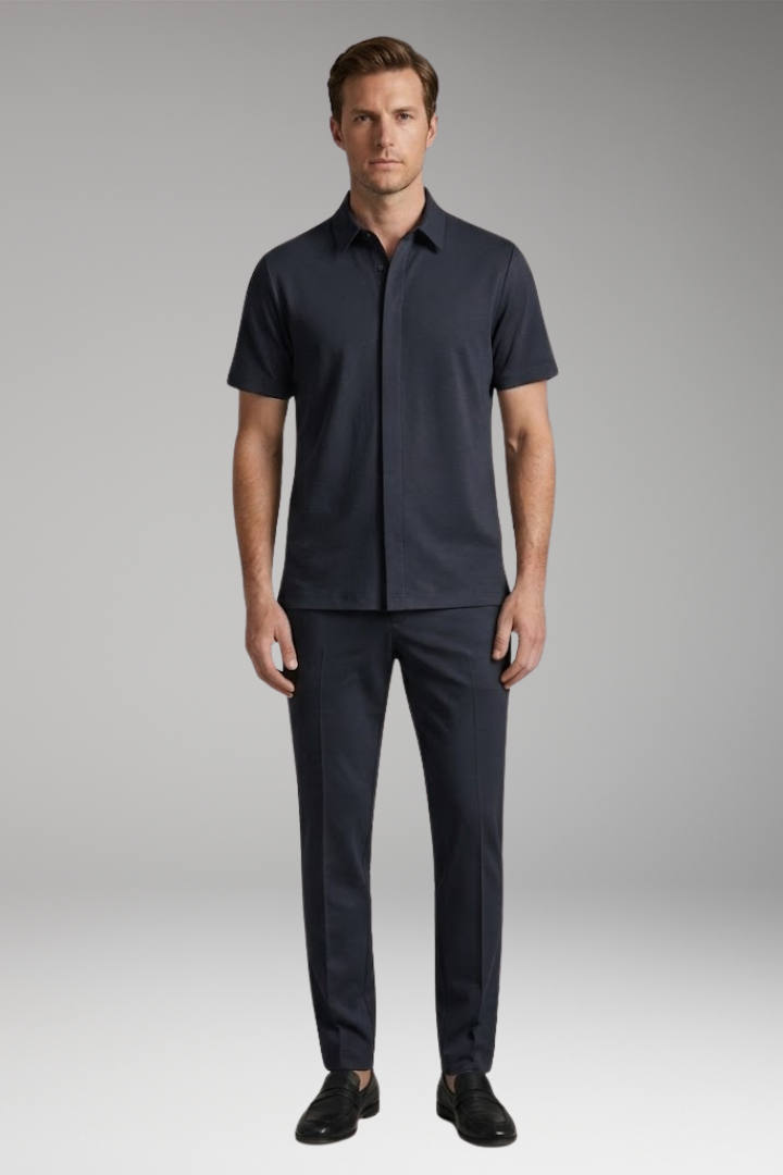 Men’s Two-Piece Set with Short-Sleeve Shirt and Slim-Fit Trousers