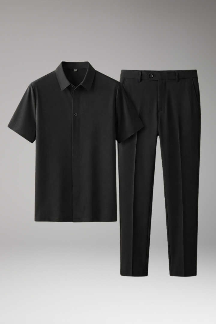 Men’s Two-Piece Set with Short-Sleeve Shirt and Slim-Fit Trousers