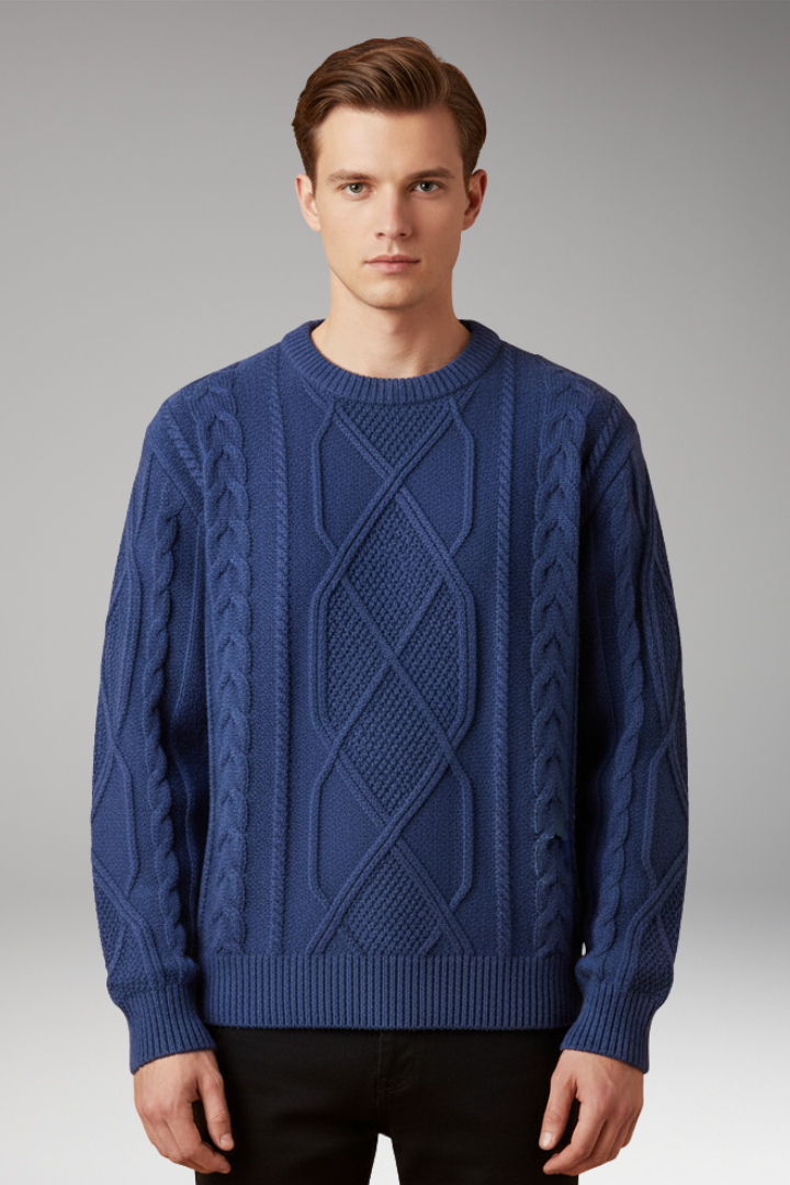 Men’s Cable Knit Jumper with Textured Pattern and Ribbed Edges
