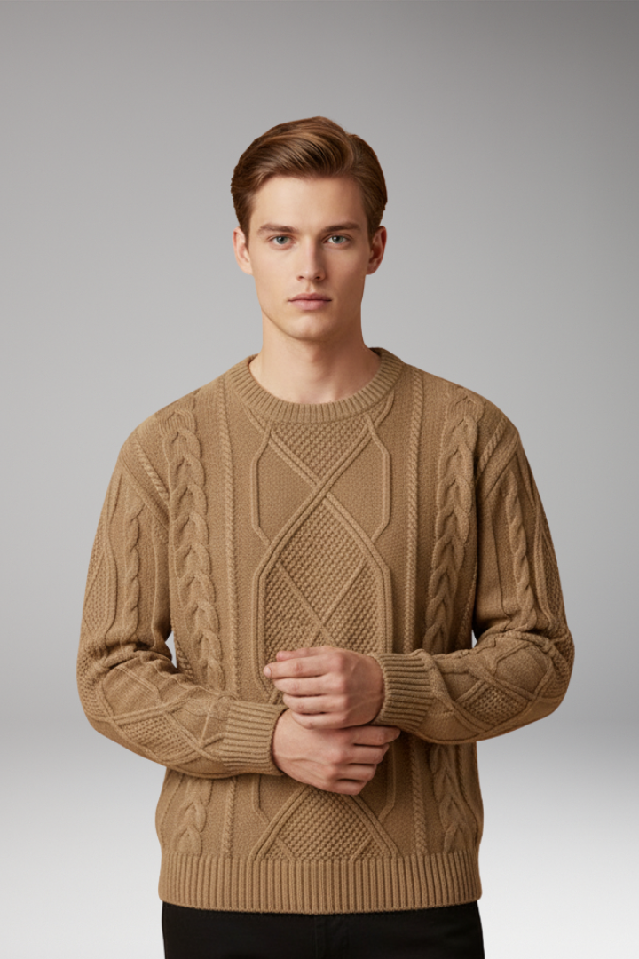 Men’s Cable Knit Jumper with Textured Pattern and Ribbed Edges