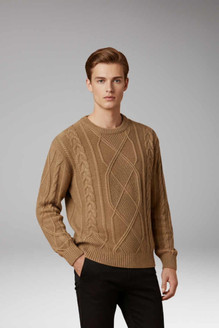 Men’s Cable Knit Jumper with Textured Pattern and Ribbed Edges