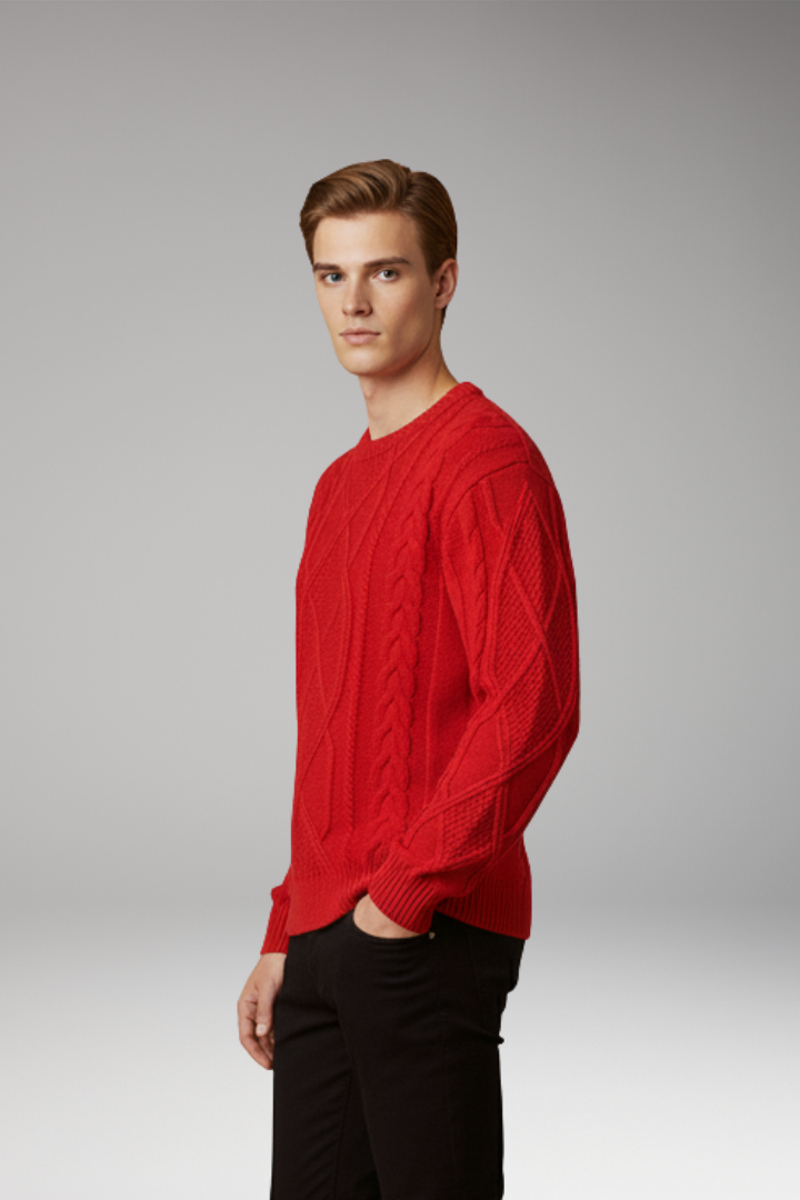 Men’s Cable Knit Jumper with Textured Pattern and Ribbed Edges