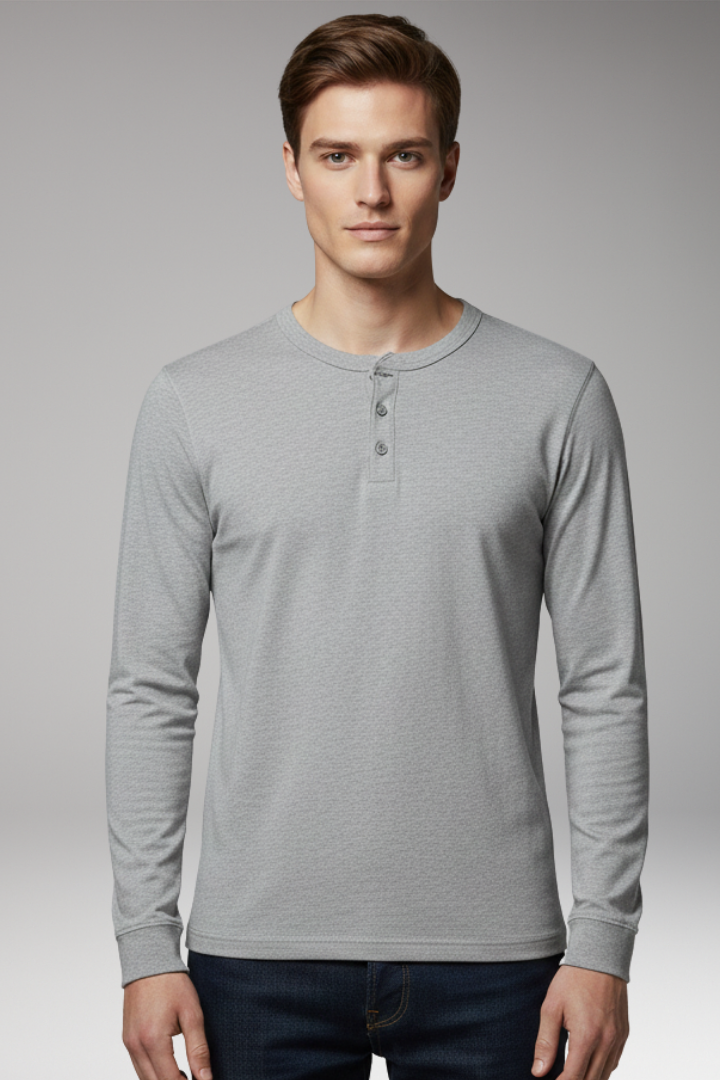 Men’s Henley Shirt with Three-Button Placket and Long Sleeves