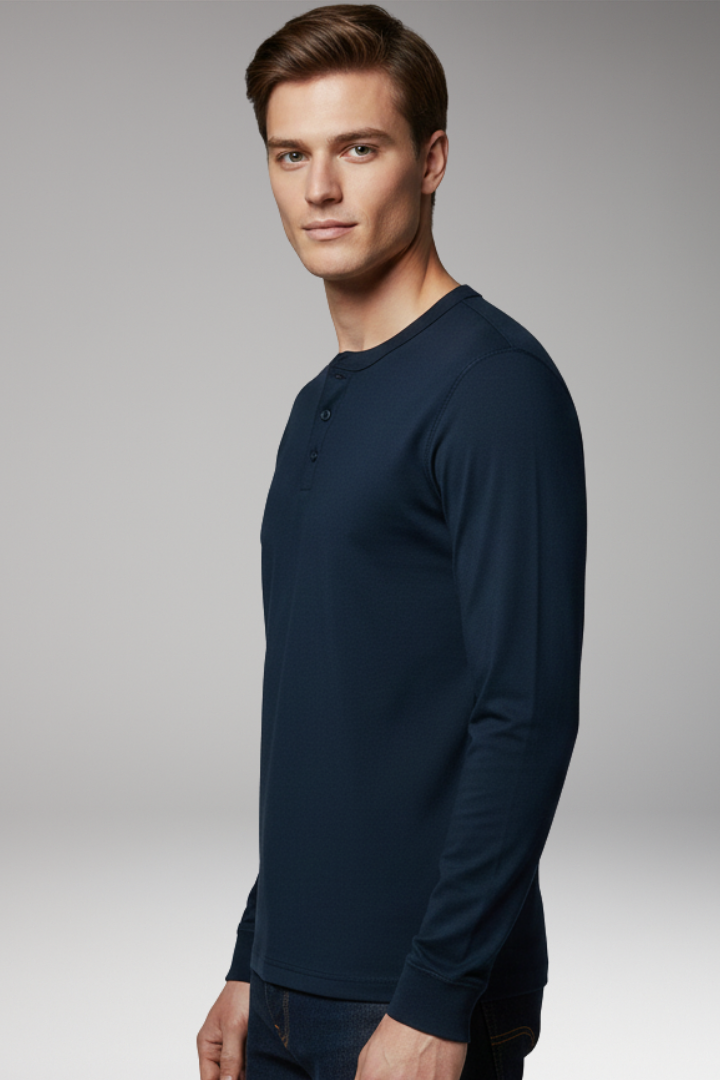 Men’s Henley Shirt with Three-Button Placket and Long Sleeves