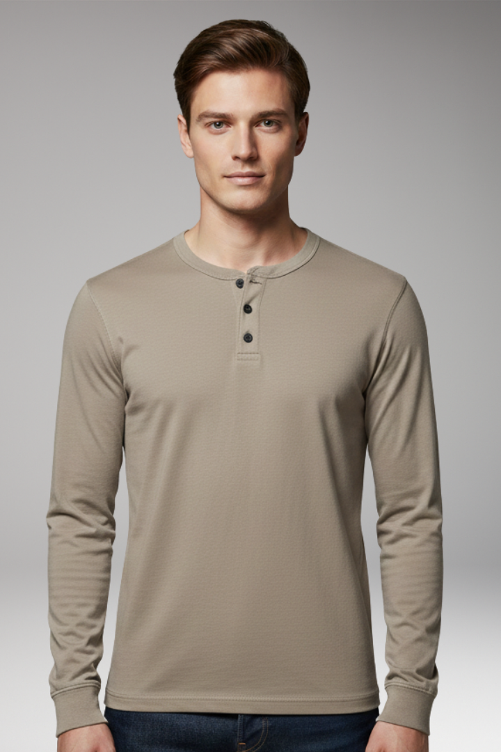 Men’s Henley Shirt with Three-Button Placket and Long Sleeves