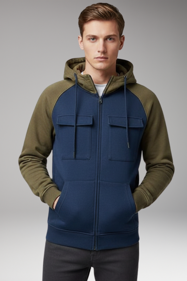 Men’s Hooded Sweatshirt Jacket with Raglan Sleeves and Zip Front