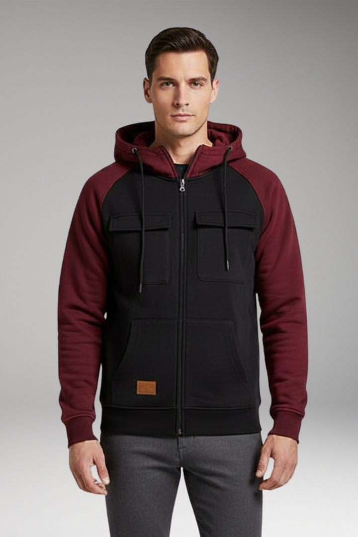 Men’s Hooded Sweatshirt Jacket with Raglan Sleeves and Zip Front