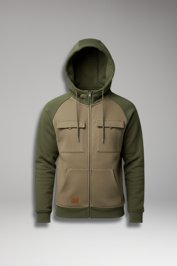 Men’s Hooded Sweatshirt Jacket with Raglan Sleeves and Zip Front