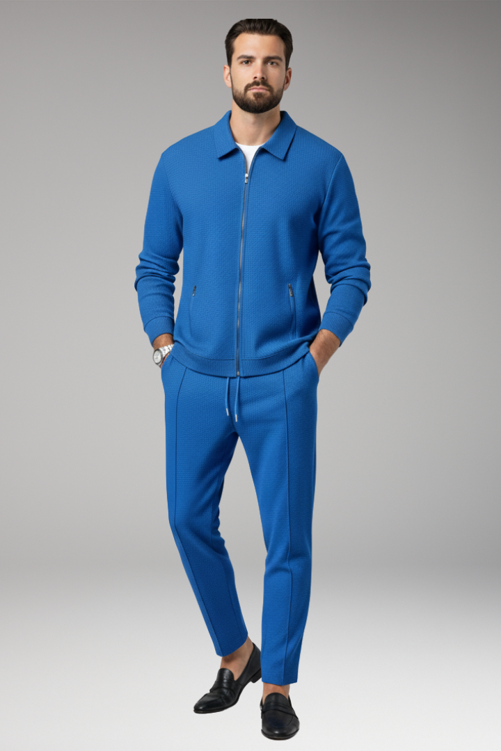 Men’s Jacket and Trousers Set with Lapel Collar and Waffle Surface
