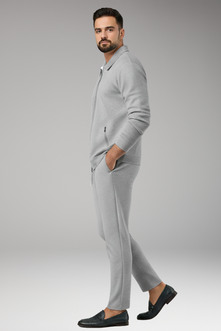 Men’s Jacket and Trousers Set with Lapel Collar and Waffle Surface