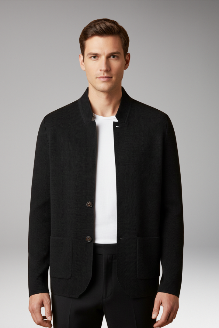 Men’s Knit Cardigan with Stand Collar and Two-Button Closure