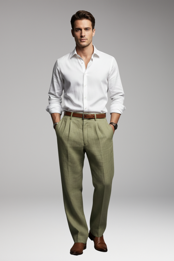 Men’s Pleated Trousers with Elastic Waist and Button Closure