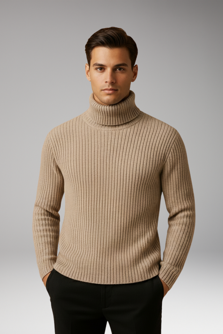 Men’s Turtleneck Jumper with Ribbed Knit and Structured Collar