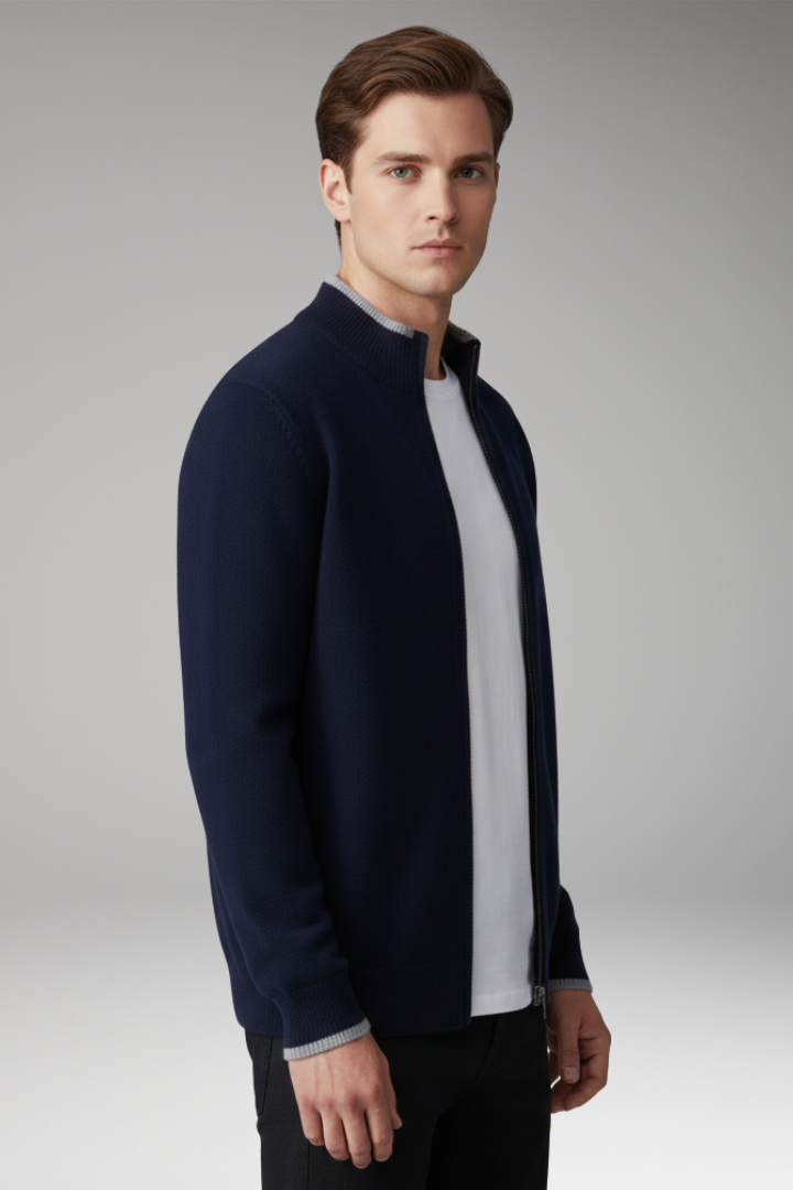 Men’s Zip Cardigan with High Neck and Ribbed Texture