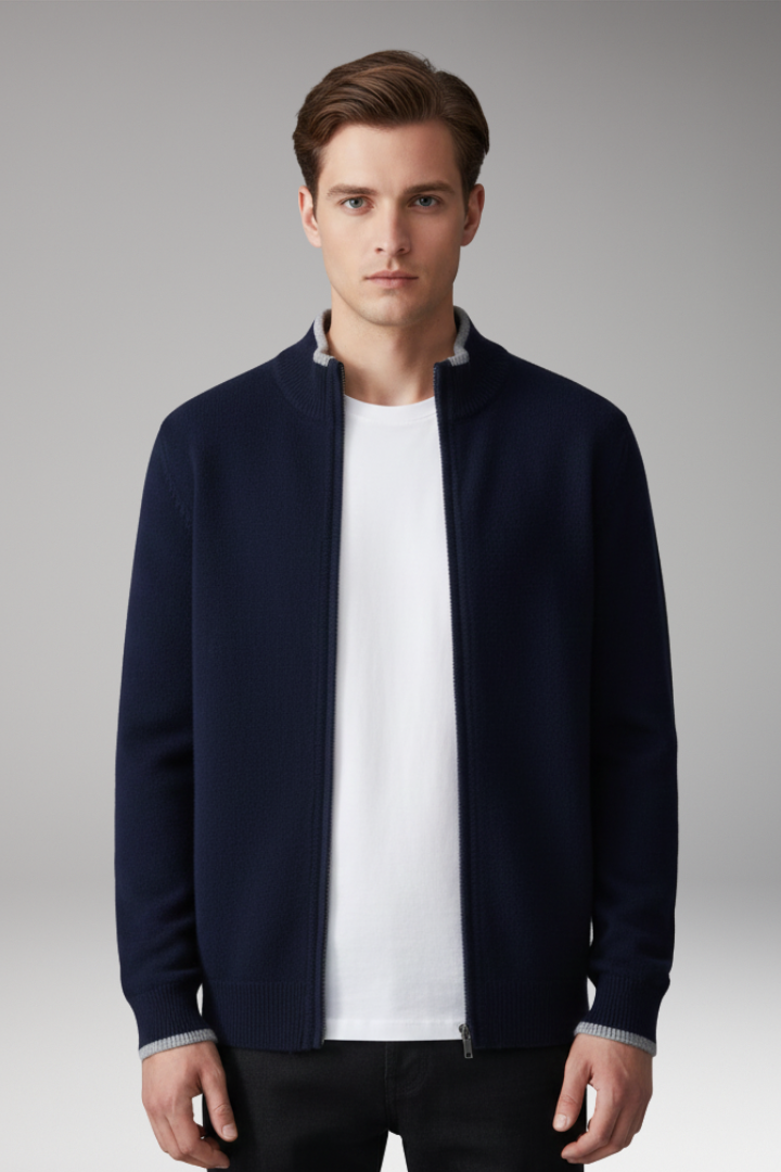 Men’s Zip Cardigan with High Neck and Ribbed Texture