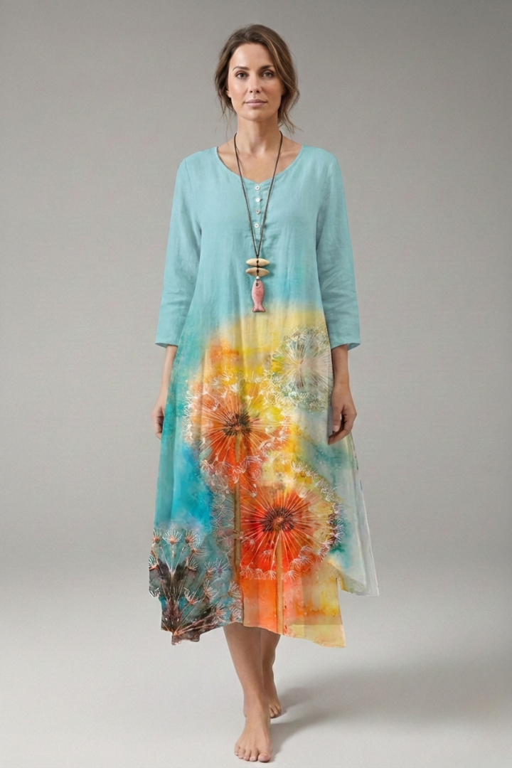 Women's A-Line Dress with Vintage O-Neck and Pockets