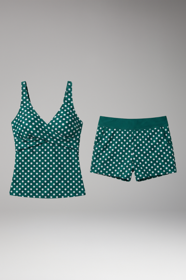 Women’s Bikini Set with V-Neck Tank Top and High-Waisted Polka Dot Shorts