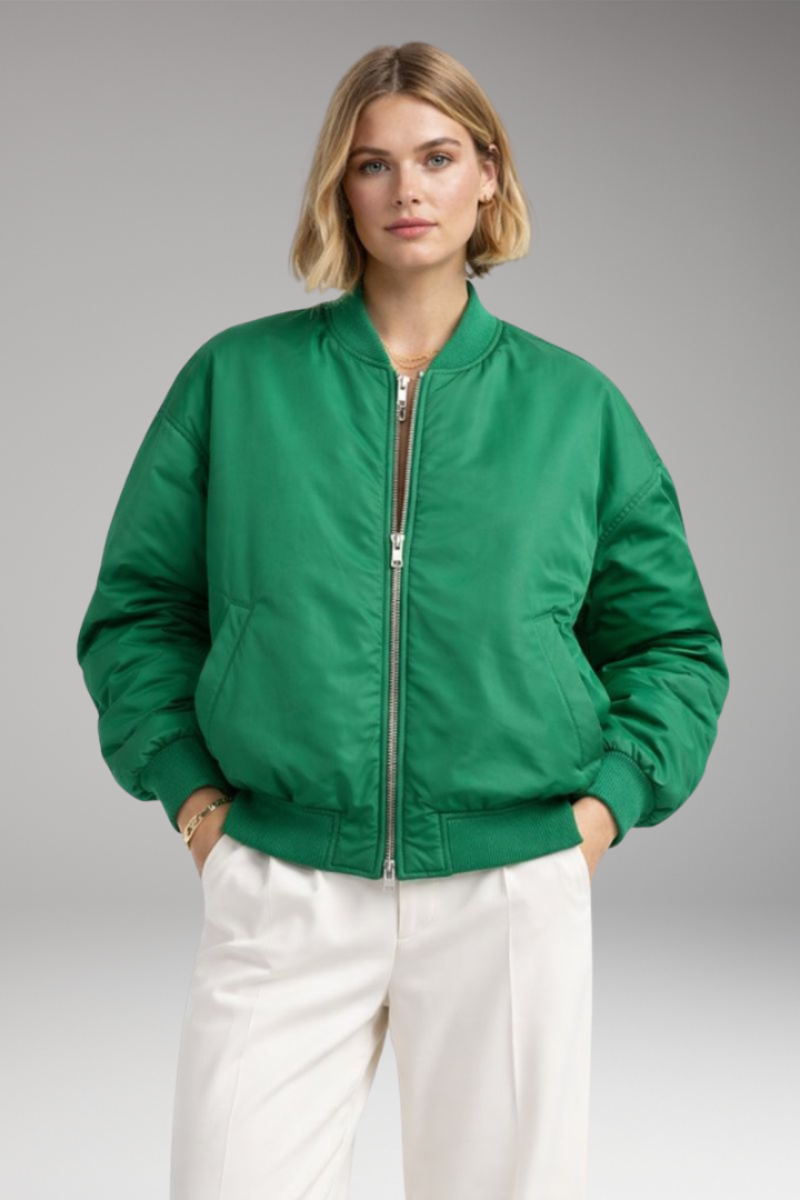 Women’s Bomber Jacket with Ribbed Neckline and Zipper Closure