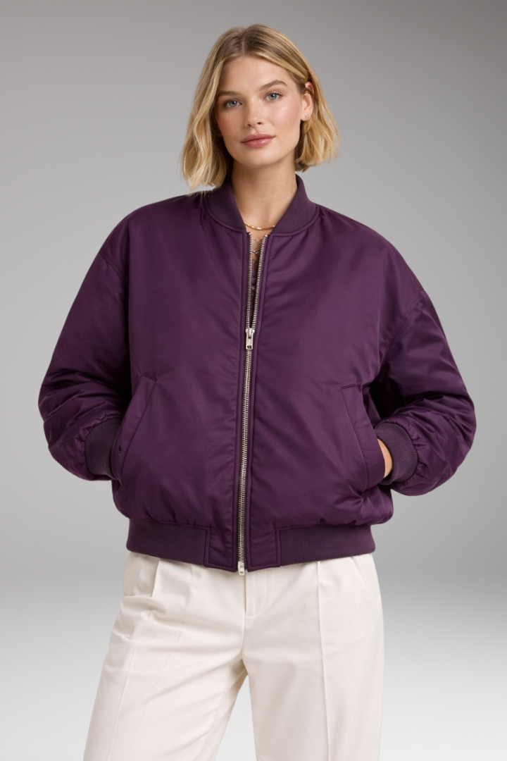 Women’s Bomber Jacket with Ribbed Neckline and Zipper Closure