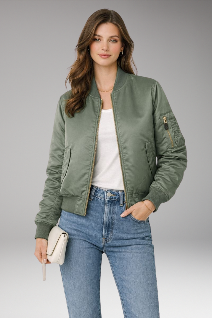Women’s Bomber Jacket with Zipper and Ribbed Details