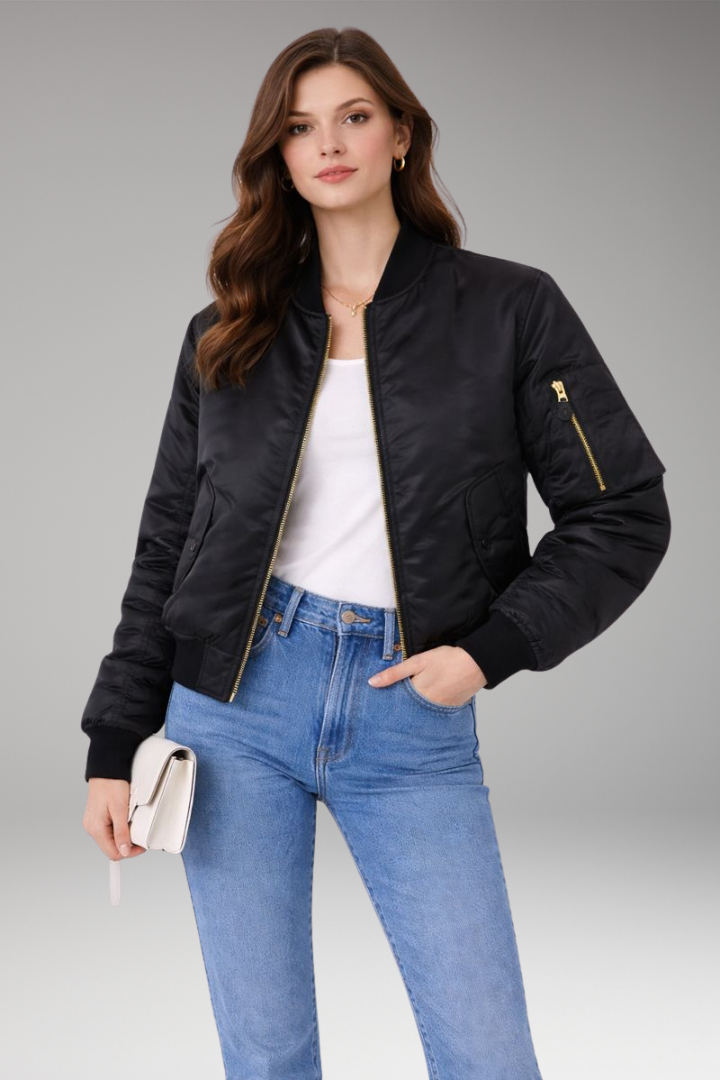 Women’s Bomber Jacket with Zipper and Ribbed Details