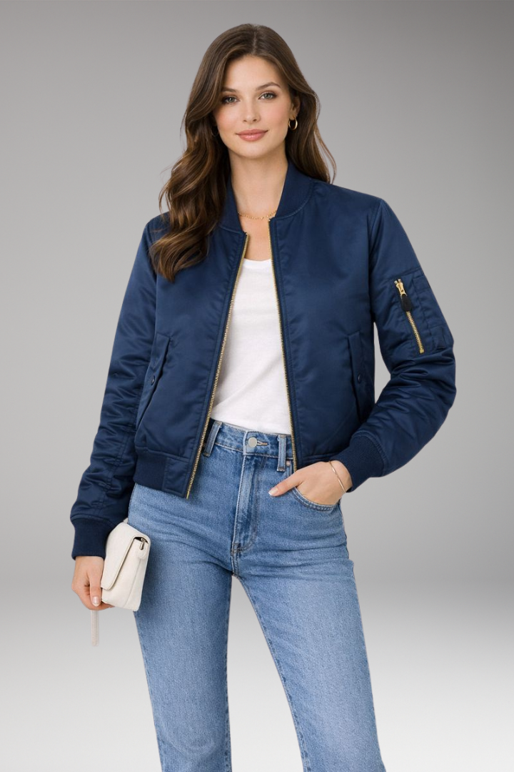 Women’s Bomber Jacket with Zipper and Ribbed Details