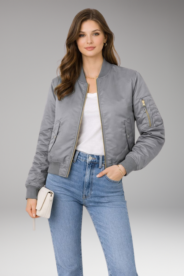 Women’s Bomber Jacket with Zipper and Ribbed Details