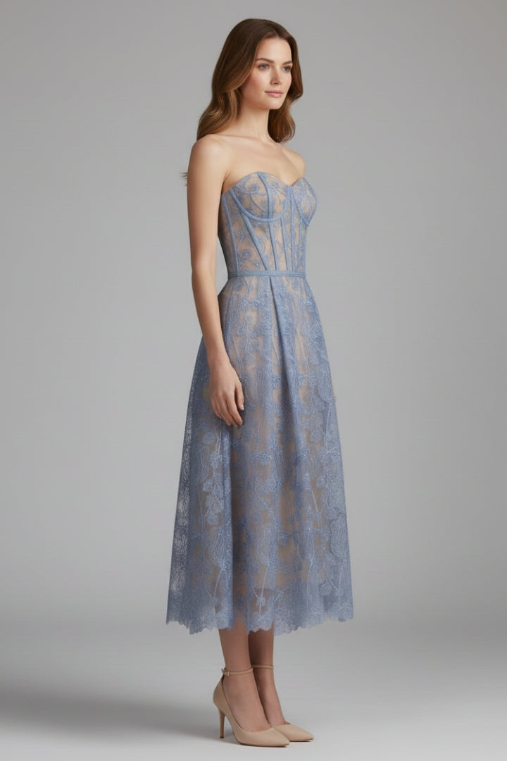 Women's Corset Top Lace Midi Dress with Satin Finish and Elegant Design