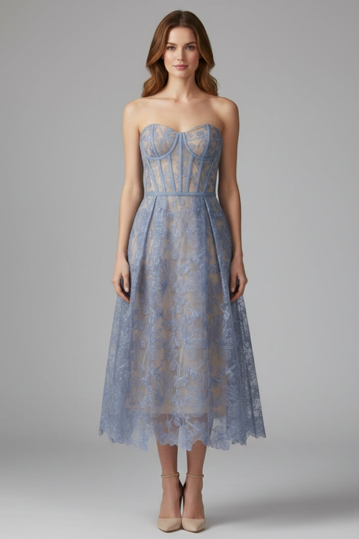 Women's Corset Top Lace Midi Dress with Satin Finish and Elegant Design