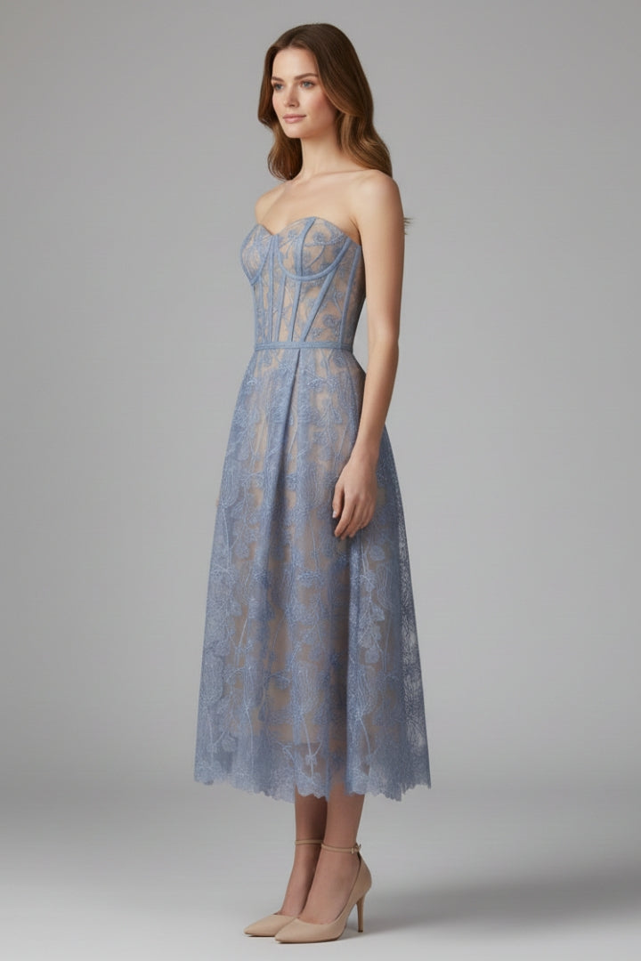 Women's Corset Top Lace Midi Dress with Satin Finish and Elegant Design
