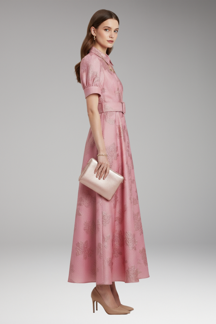 Women’s Dress with Puff Sleeves and Belted Waist