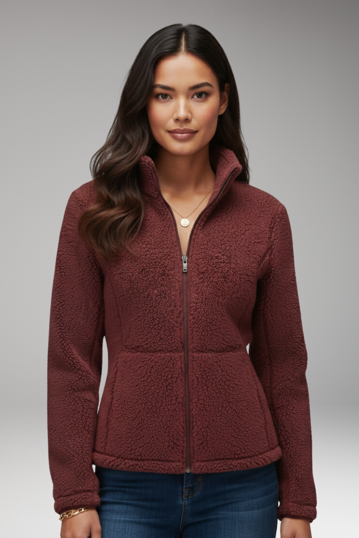 Women’s Fleece Jacket with Stand-Up Collar and Zip Closure