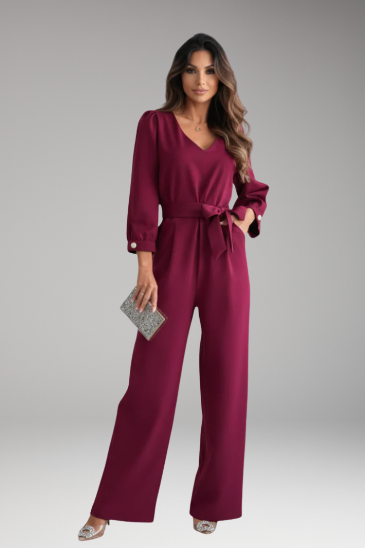 Women's Jumpsuit with V Neck and Adjustable Waist Belt