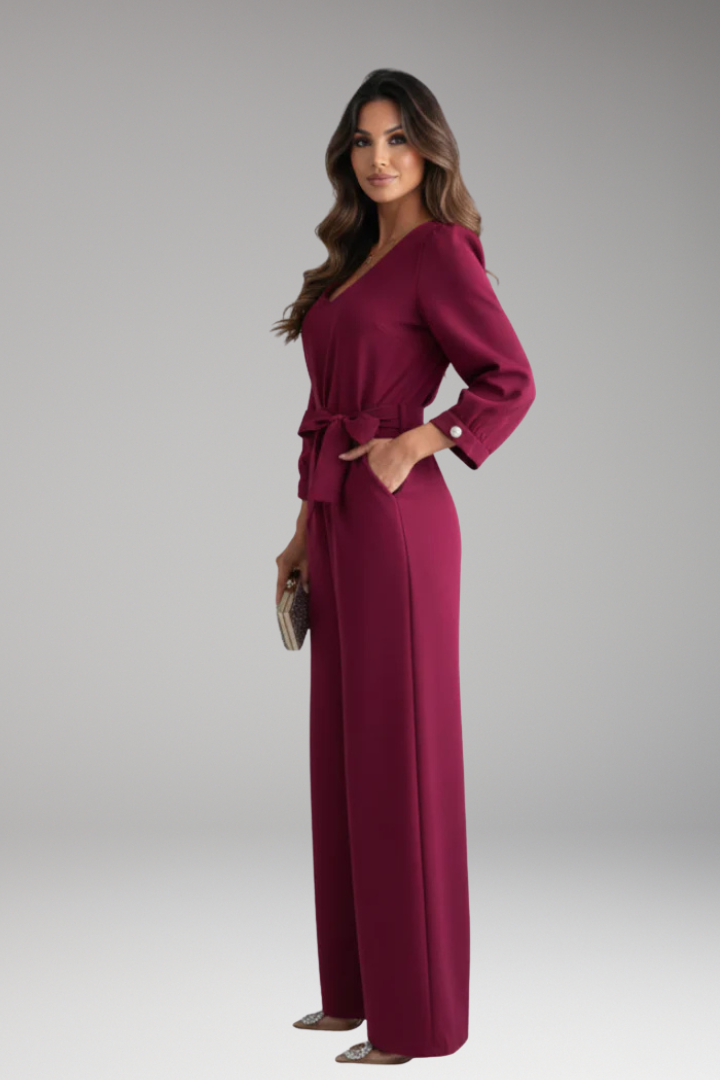 Women's Jumpsuit with V Neck and Adjustable Waist Belt