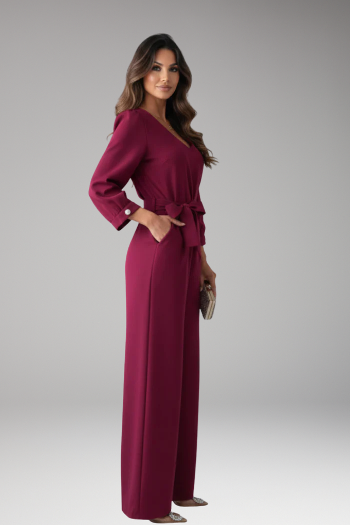 Women's Jumpsuit with V Neck and Adjustable Waist Belt