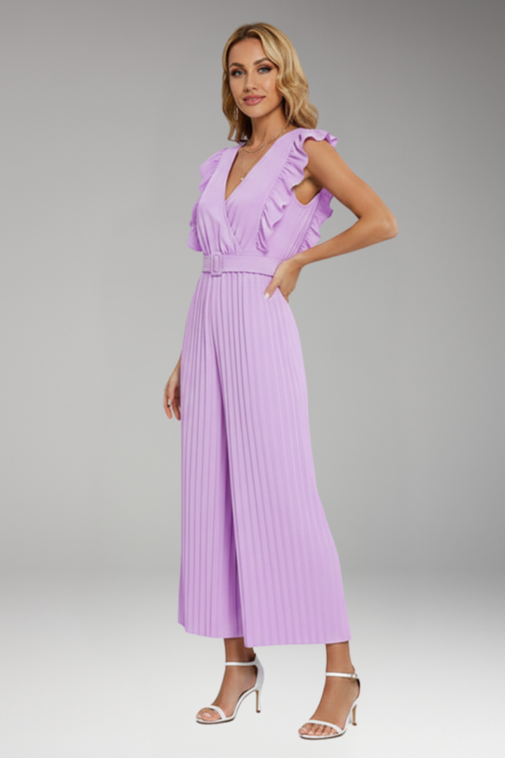 Women's Jumpsuit with Ruffle Sleeves and Waist Belt