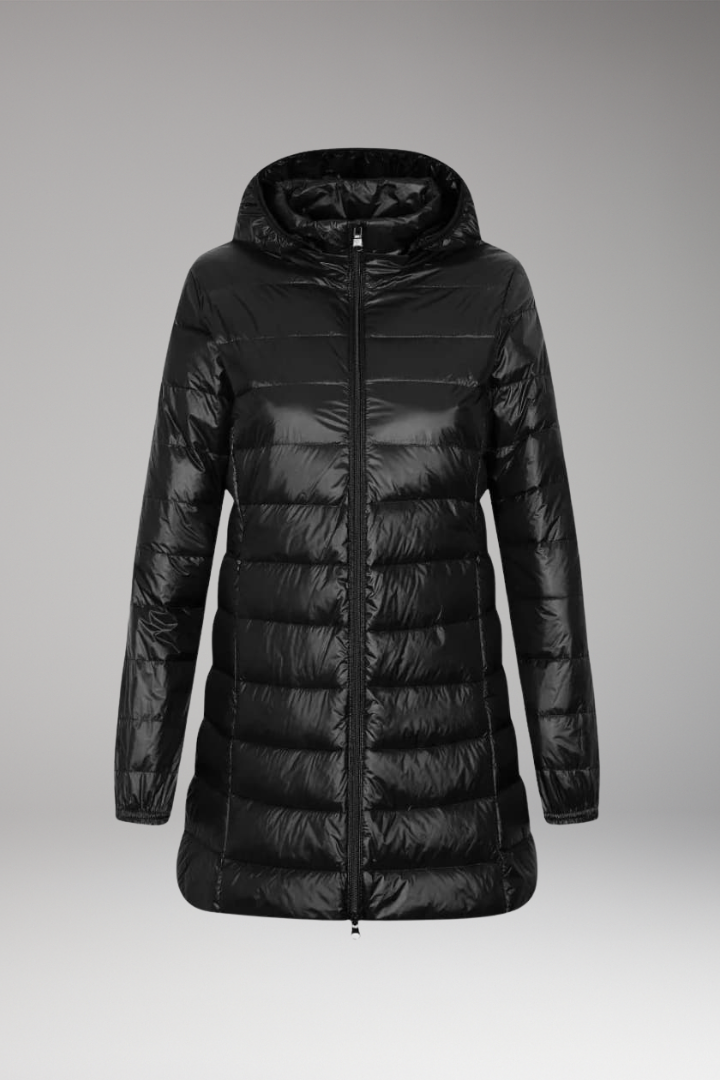 Women’s Long Jacket with Hood and Quilted Surface