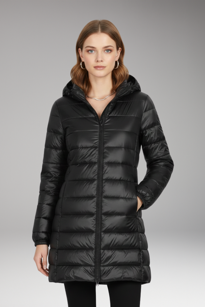 Women’s Long Jacket with Hood and Quilted Surface
