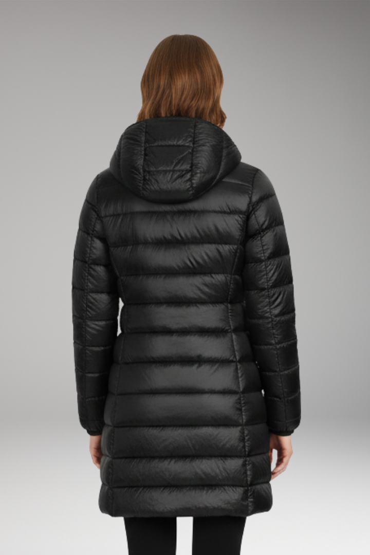 Women’s Long Jacket with Hood and Quilted Surface