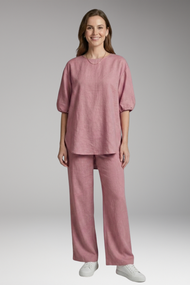 Women's Loungewear Set with Short Sleeves and Wide-Leg Trousers
