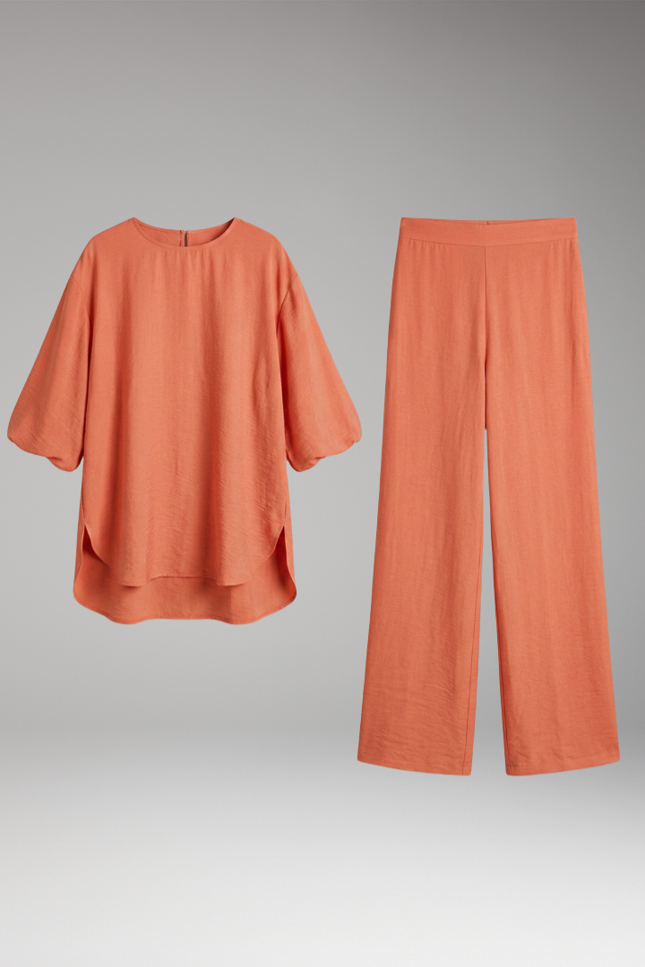 Women's Loungewear Set with Short Sleeves and Wide-Leg Trousers