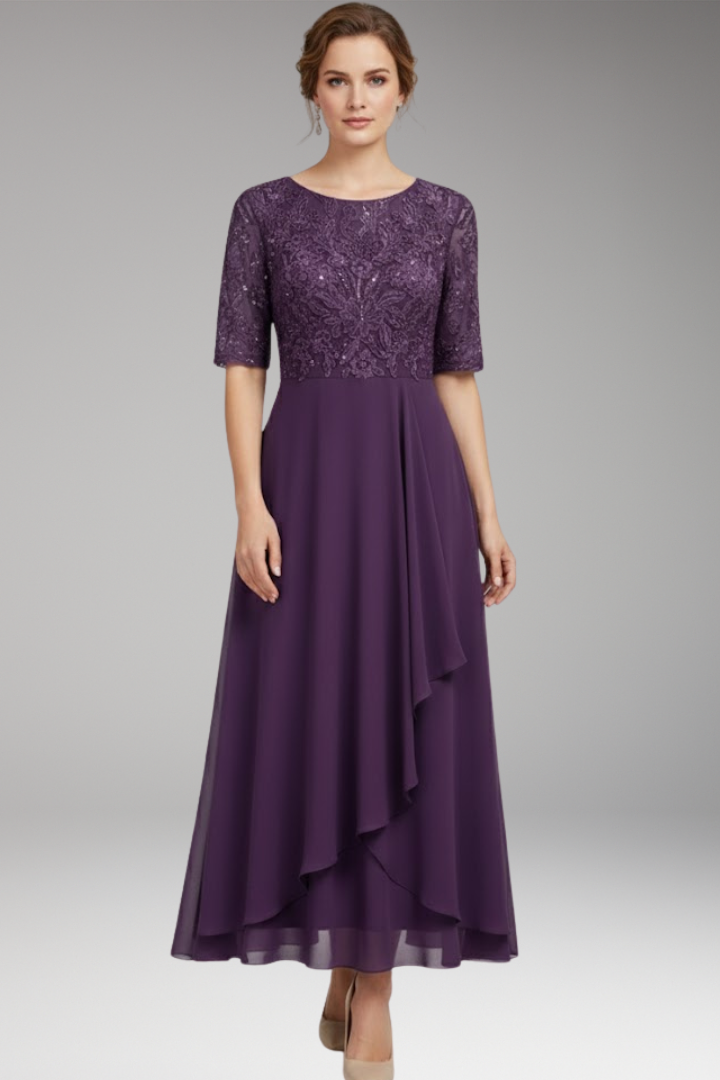 Women's Midi Dress with High Waist and Short Sleeves